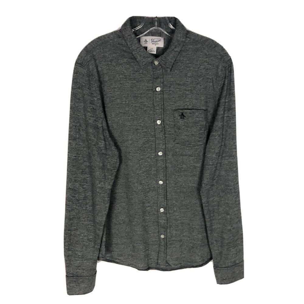 PENGUIN Size L Men Fleece Gray Shirt Button Up Front Pocket Long Sleeve